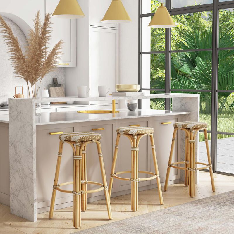 Butler Specialty Tobias Round Rattan 30 Bar Stool, Tan and White Stripe