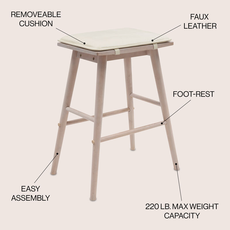 Peroni MidCentury Classic Saddle-Seat Solid Wood/Vegan Leather Backless Bar Stool with Removeable Cushion
