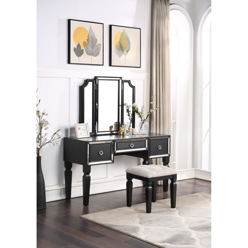 Luxurious Majestic Classic Black Color Vanity Set w Stool 3- Storage Drawers 1pc Bedroom Furniture Set Tri-Fold Mirror