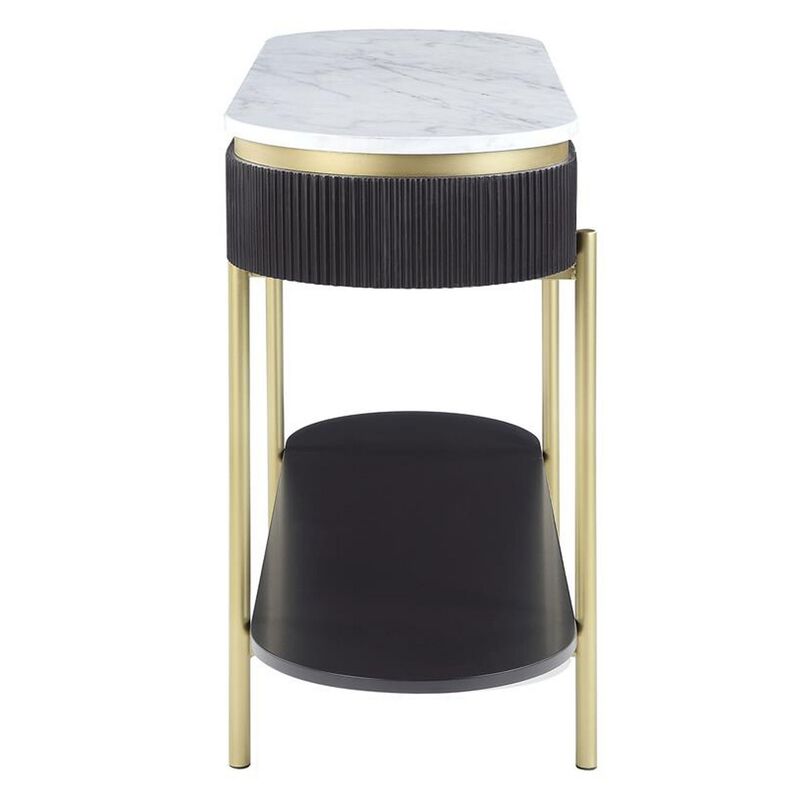 Ville 48 Inch Oblong Sofa Console Table, White Faux Marble Top, Reeded Edge