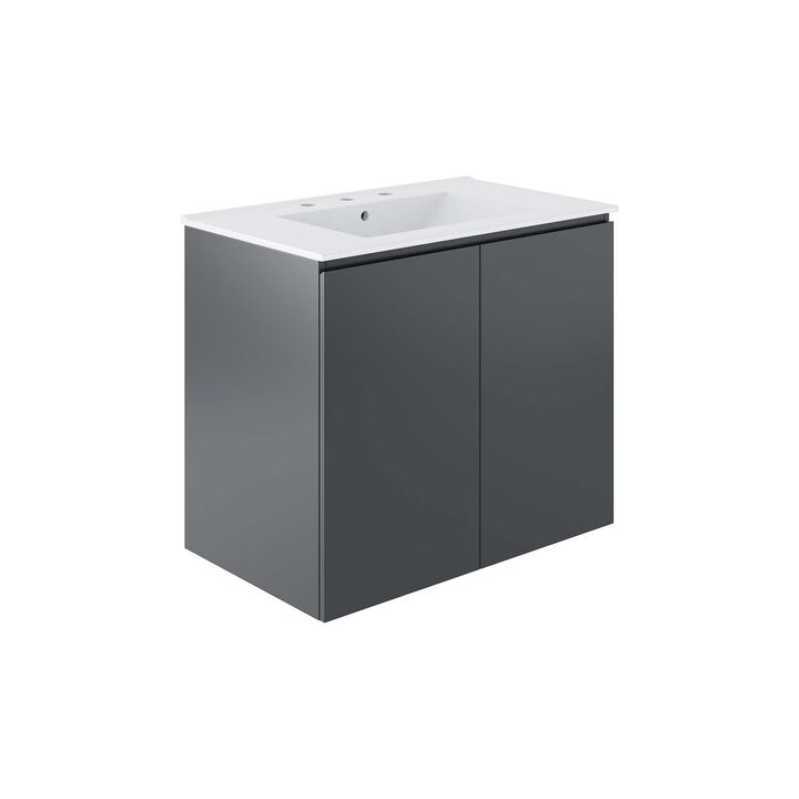 Modway Bryn 30" Modern Wood/Ceramic Wall-Mount Bathroom Vanity in Gray/White