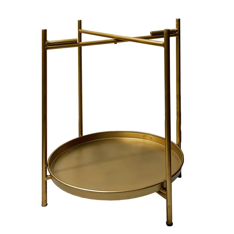 20 Inch High Round Side End Table with 2 Tier Iron Frame, Matte Gold-Benzara