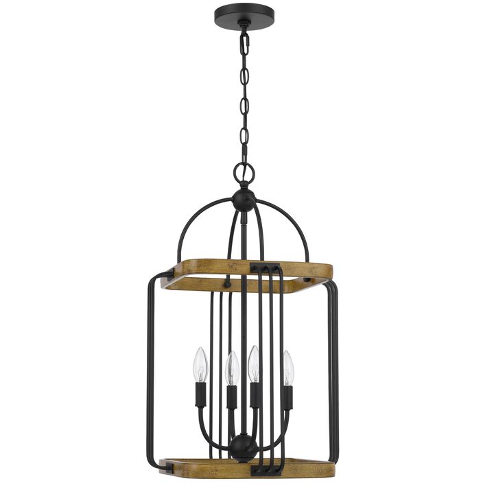 Rio 16 Inch Chandelier w Upturned Lights and Canopy, Wood, Black Metal - Benzara