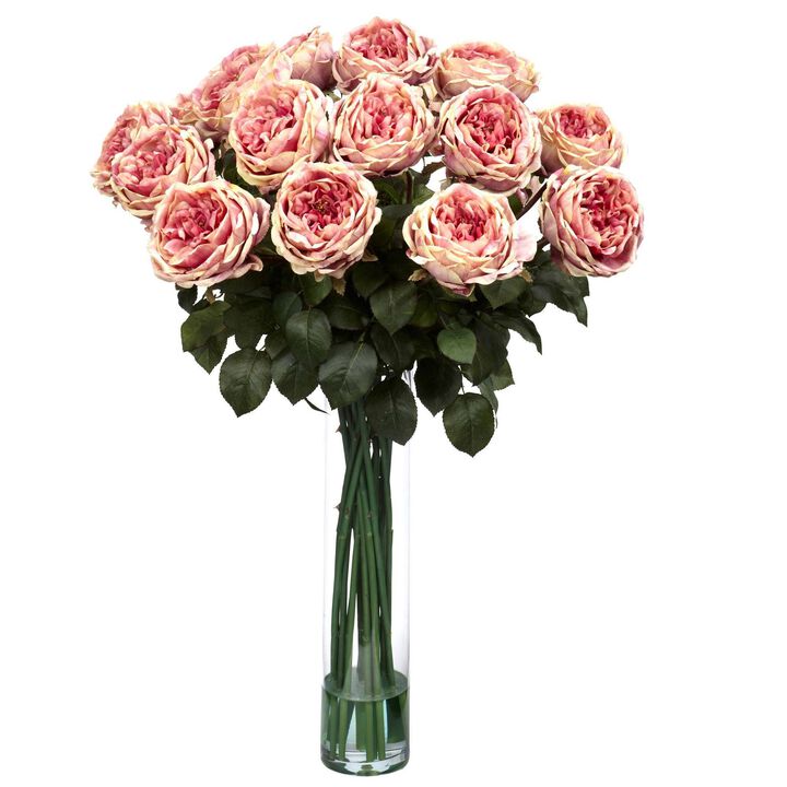 Nearly Natural Fancy Rose Arrangement w/18-in Glass Cylinder Pink