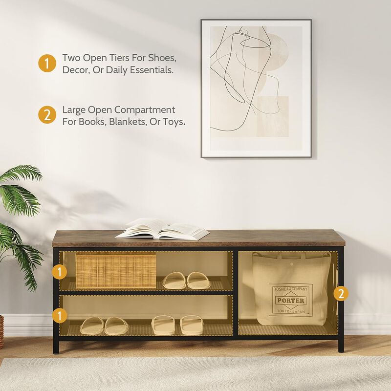 Shoe Bench with Shoe Rack, 47.2" L Entryway Bench with Seating, 2-Tier Shoe Organizer with Rustic Wood Top & Metal Frame for Entryway image number 4