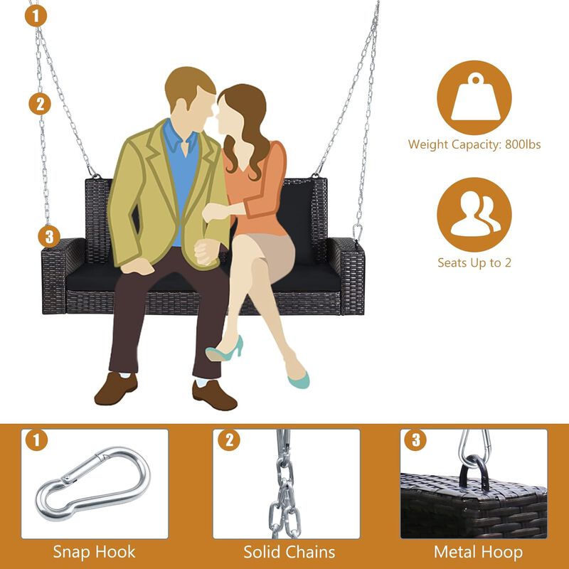 Mondawe 2-Person Wicker Hanging Porch Swing with 2 Back Cushions and 1 Seat Cushion