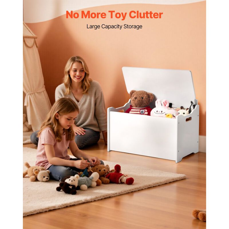 Wooden Toy Storage Bench with Backrest and Large Storage Cabinet for Kids-White image number 7