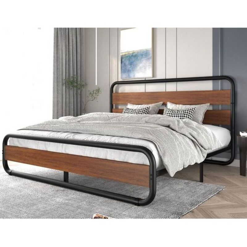 Hivvago King size Heavy Duty Industrial Modern Metal Wood Platform Bed Frame with Headboard