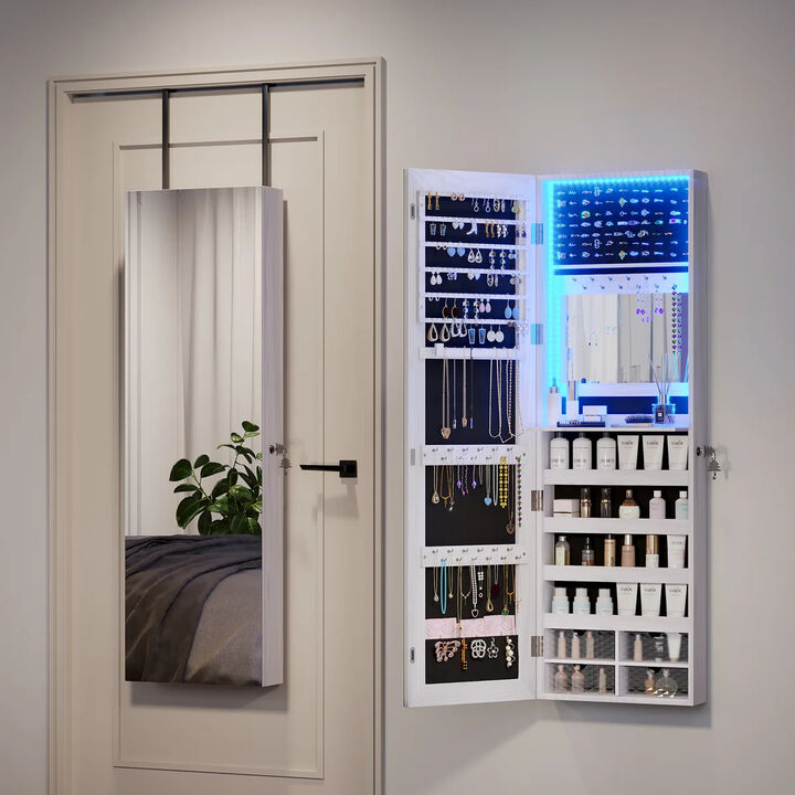 Wall Mounted Jewelry Cabinet with Full Length Mirror, LED Lights, Lockable Storage and Over The Door Design