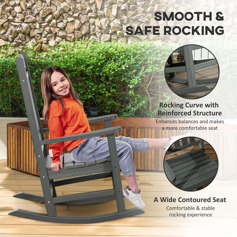 Outsunny Outdoor Rocking Chair, All Weather-Resistant HDPE Rocking Patio Chairs with Rustic High Back, Armrests, Oversized Seat and Slatted Backrest, 350lbs Weight Capacity, Dark Gray