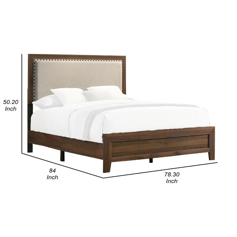 Shannon King Bed with Nailhead Trim, Ivory Fabric on, Cherry Brown Wood