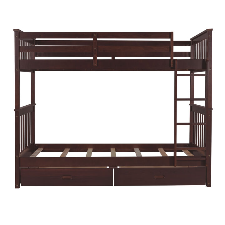 Whisen 80"x42.9" Twin-Over-Twin Bunk Bed, Solid Wood with 2 Drawers for Kids Bedroom