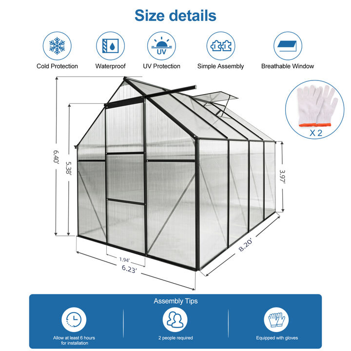 6x8 FT Polycarbonate Greenhouse Raised Base and Anchor Aluminum Heavy Duty Walk-in Greenhouses for Outdoor Backyard in All Season