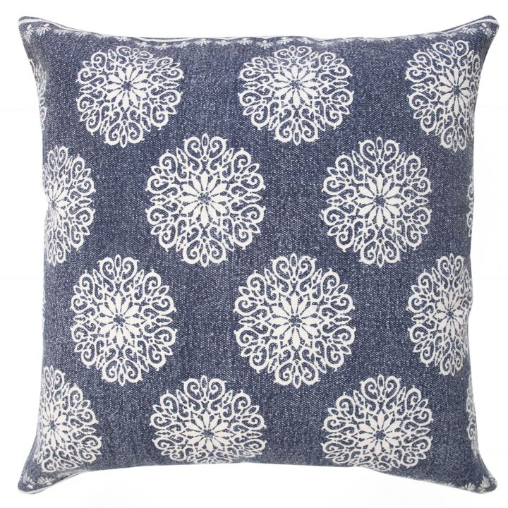 20" White and Blue Bohemian Floral Pattern Square Throw Pillow