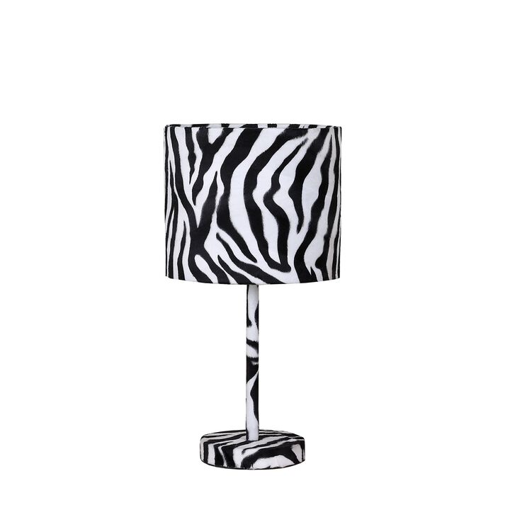 Fabric Wrapped Table Lamp with Animal Print, White and Black-Benzara