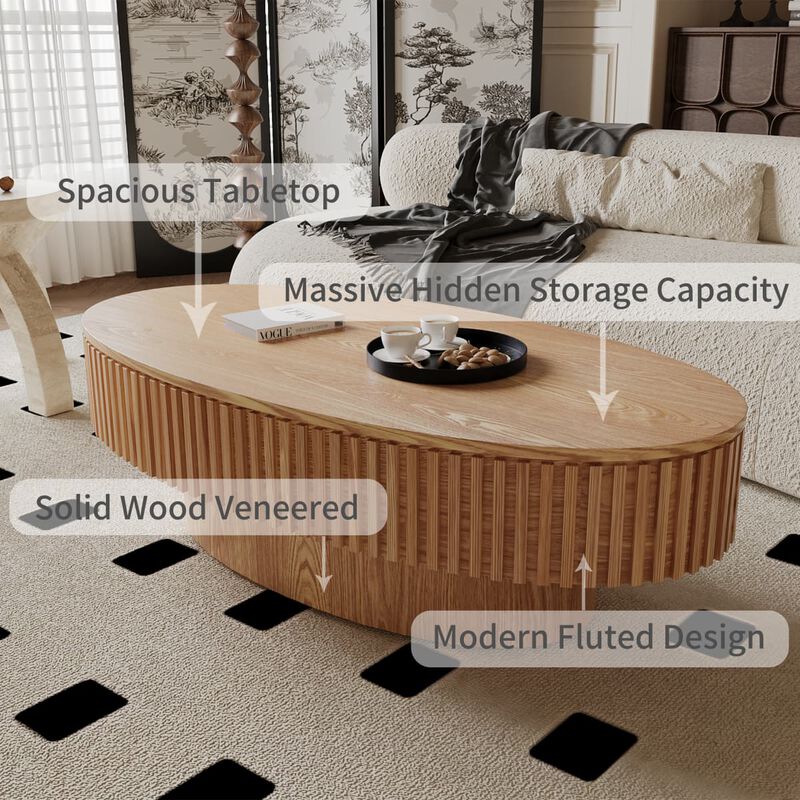 Oval coffee table with storage Solid wood veneer and MDF modern coffee table with fluted base Accent tea coffee table for living room image number 6