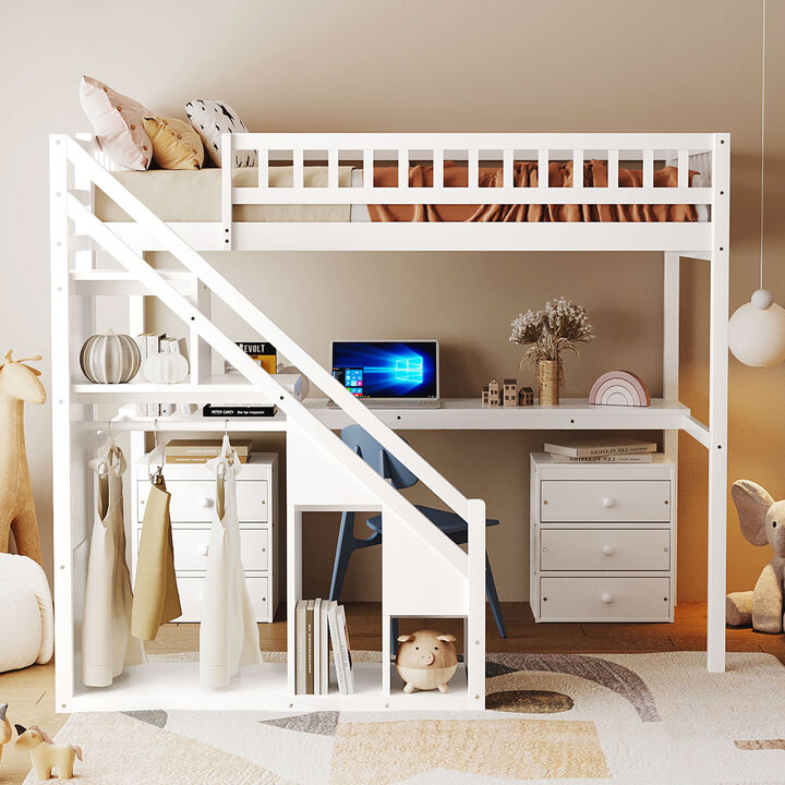 Merax Twin Size Multi-Functional Loft Bed with Staircase, Desk & LED Lights