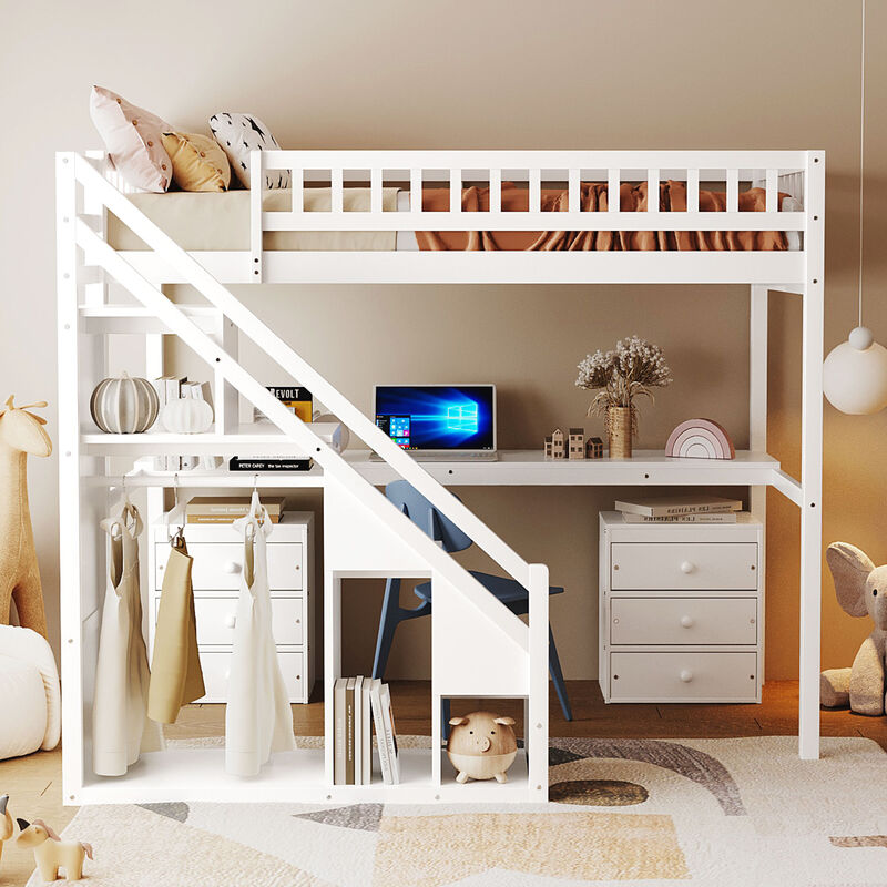 Merax Twin Size Multi-Functional Loft Bed with Staircase, Desk & LED Lights image number 1