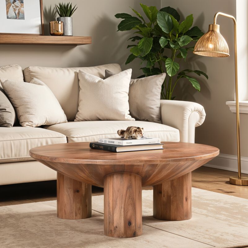 Meridian Coffee Table, 38 Inch Round Top, 3 Column Pillar Legs, Natural Brown Mango Wood image number 7