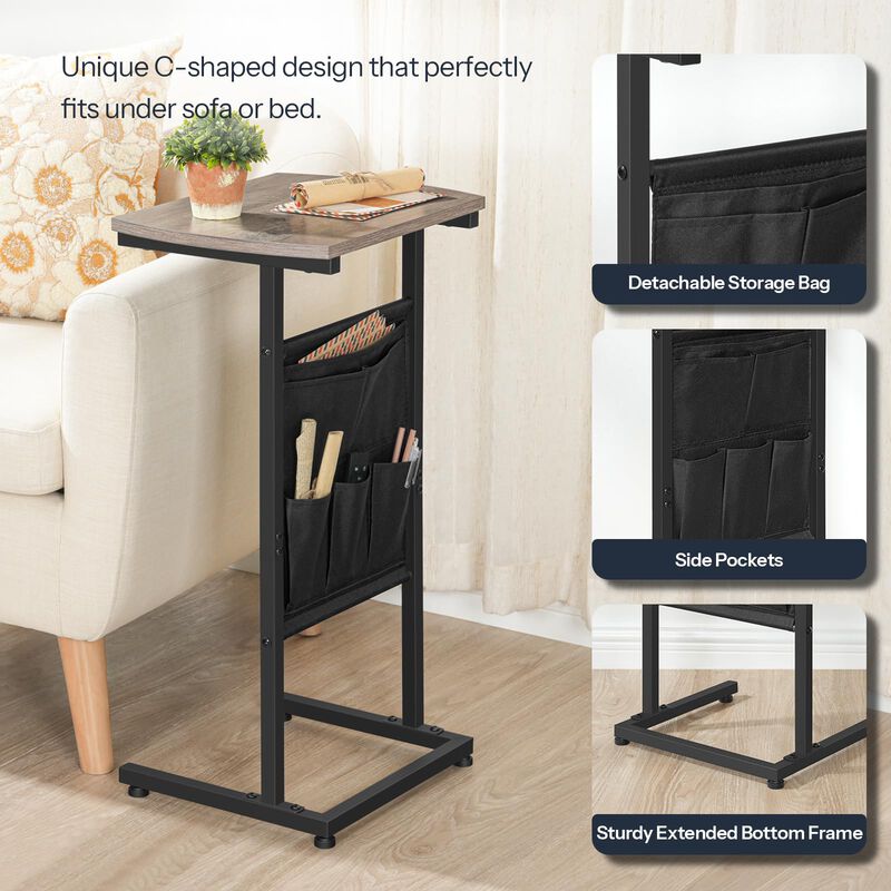 HOOBRO C Shaped Side Table, 28.3"" Tall End Table with Storage Bag, Couch Side Table with Sturdy Frame, Slide Under Sofa Table,