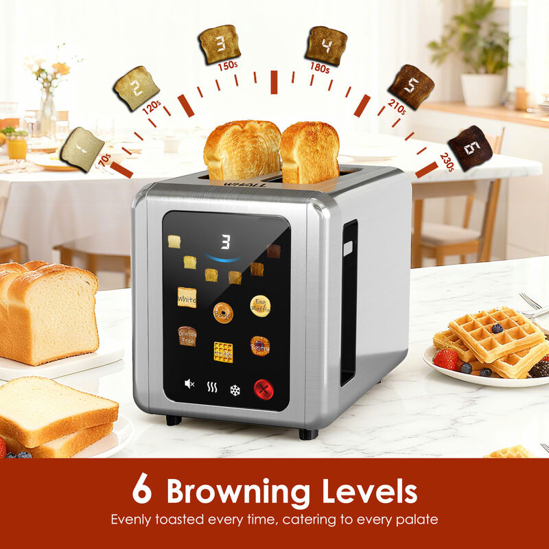 WHALLULTRA Touch Screen Toaster 2 Slice, 1.5'' Wide Slot Stainless Steel Toaster with Digital Timer, 6 Bread Types & 6 Shade Settings, Crumb Tray image number 3