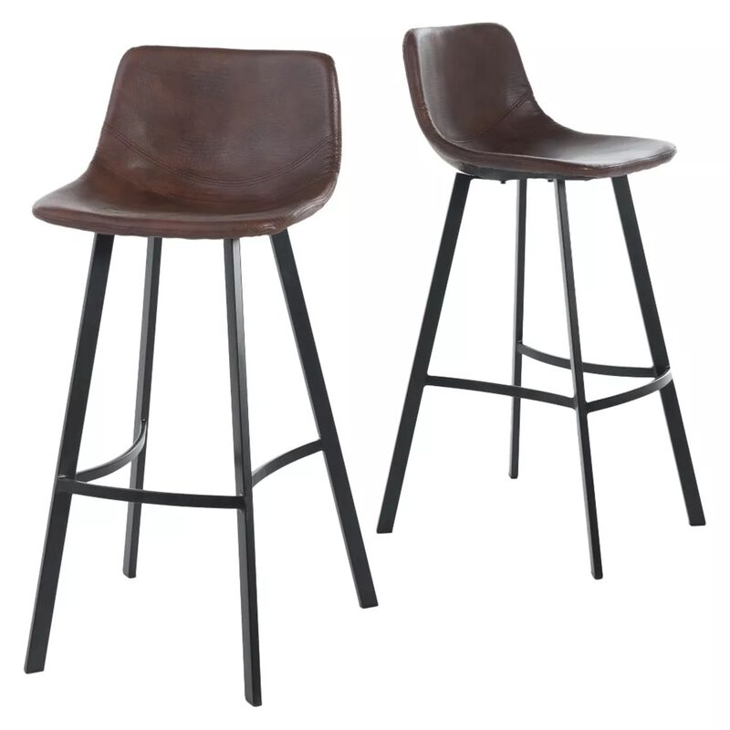 Barstool Chair Set of 2, Curved Seat, Black Steel, Brown Faux Leather - Benzara