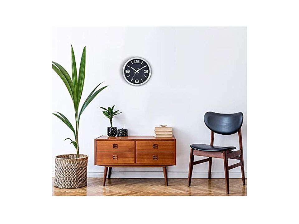 Black Silver Metal Elegant Wall Clock 10 Inch Silent Non Ticking Easy Read