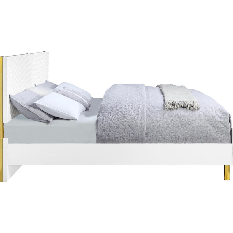 Tyra Modern Queen Bed, Panel Headboard, Luxury Textured Chevron, White Gold-Benzara