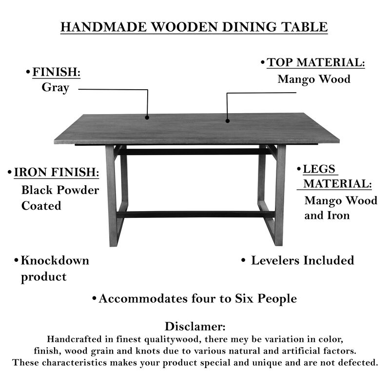 St Tropez Dining Table, 72 Inch Rectangular Mango Wood Top with Iron Trestle Base, 6 Seater, Gray and Black