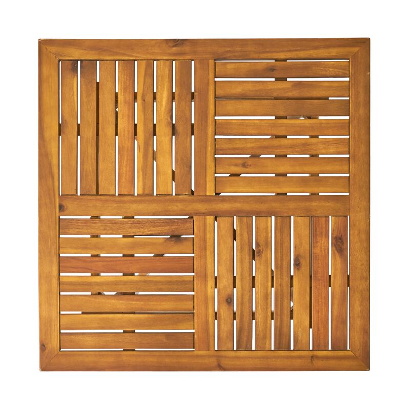 Olen Outdoor Dining Table, Slatted Square 32 Inch, Brown Acacia Wood - Benzara