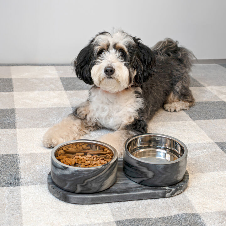 Marbre Modern Weighted Double Marble and Stainless Steel Bowl 12oz (1.5 Cups) Feeder with Non-Slip Marble Tray Set