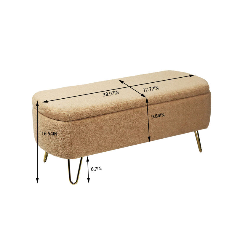 Camel Storage Ottoman Bench For End Of Bed Gold Legs, Modern Camel Faux Fur Entryway Bench