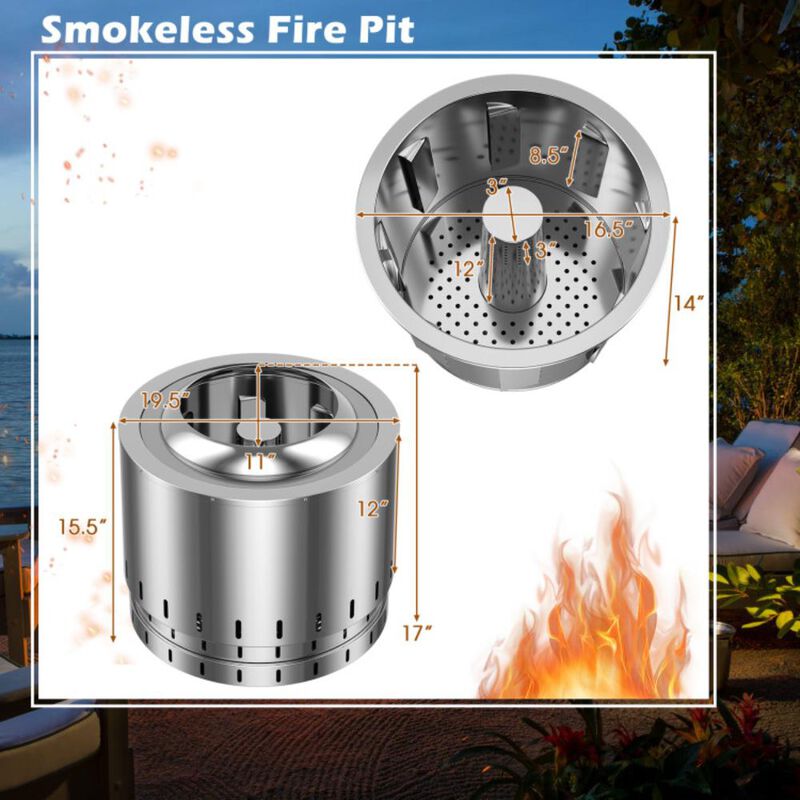 Hivvago Smokeless Stainless Steel Fire Pit with Ash Pan for Yard Camping