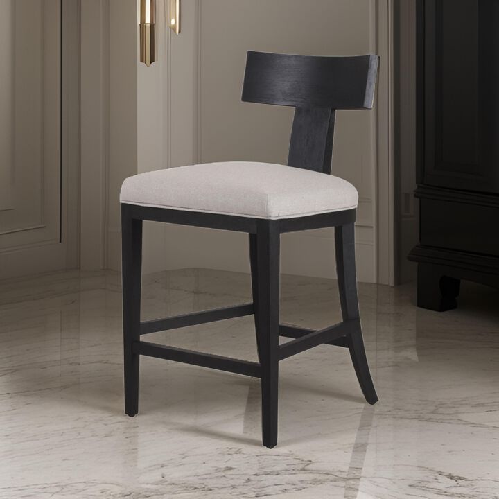 Cid Sten 27 Inch Counter Height Chair, T Shape Back, Beige Linen, Black - Benzara
