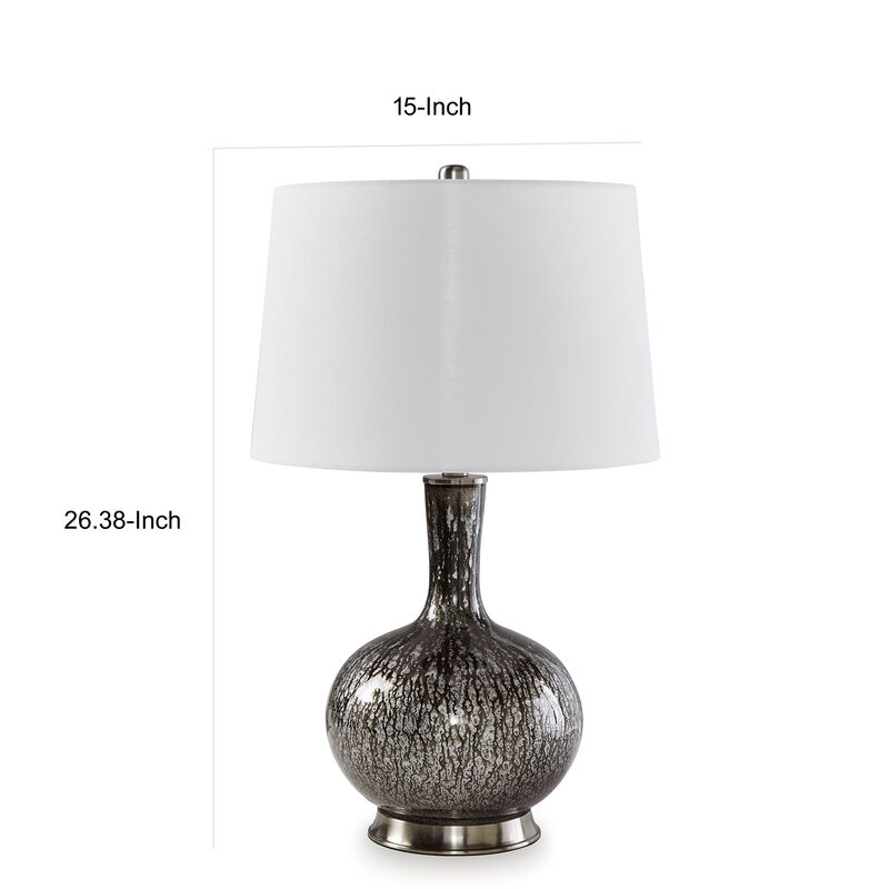 26 Inch Table Lamp, Tall Black Round Glass Base, White Drum Fabric Shade - Benzara