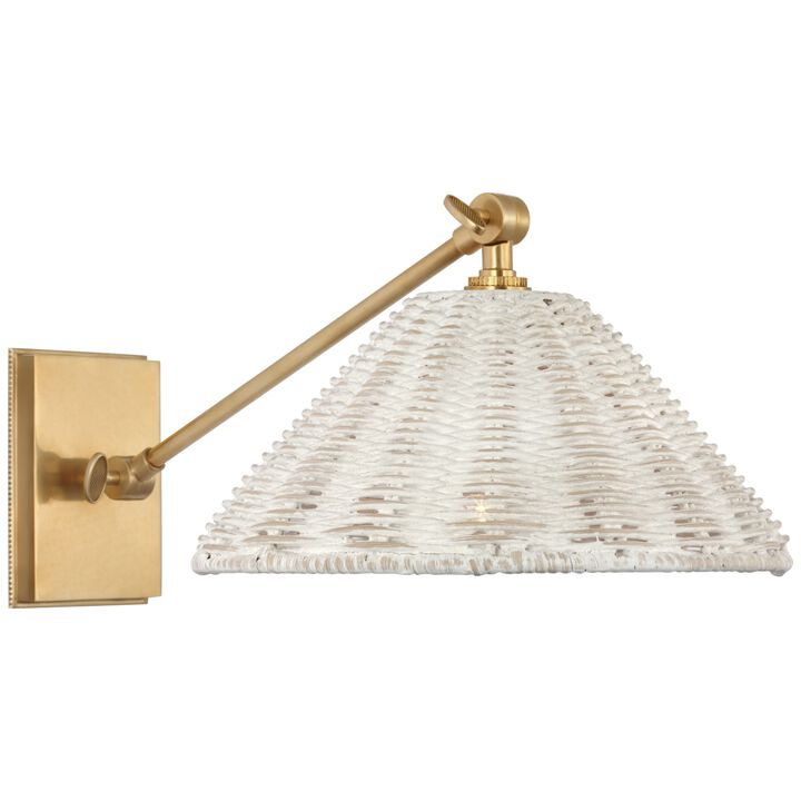 Wimberley Single Library Wall Light in Soft Brass with White Wicker Shade