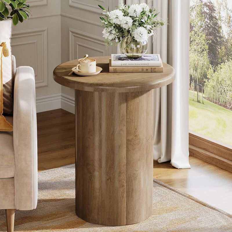 Round Farmhouse Side Table Nightstand with Fluted Base, End Table image number 1