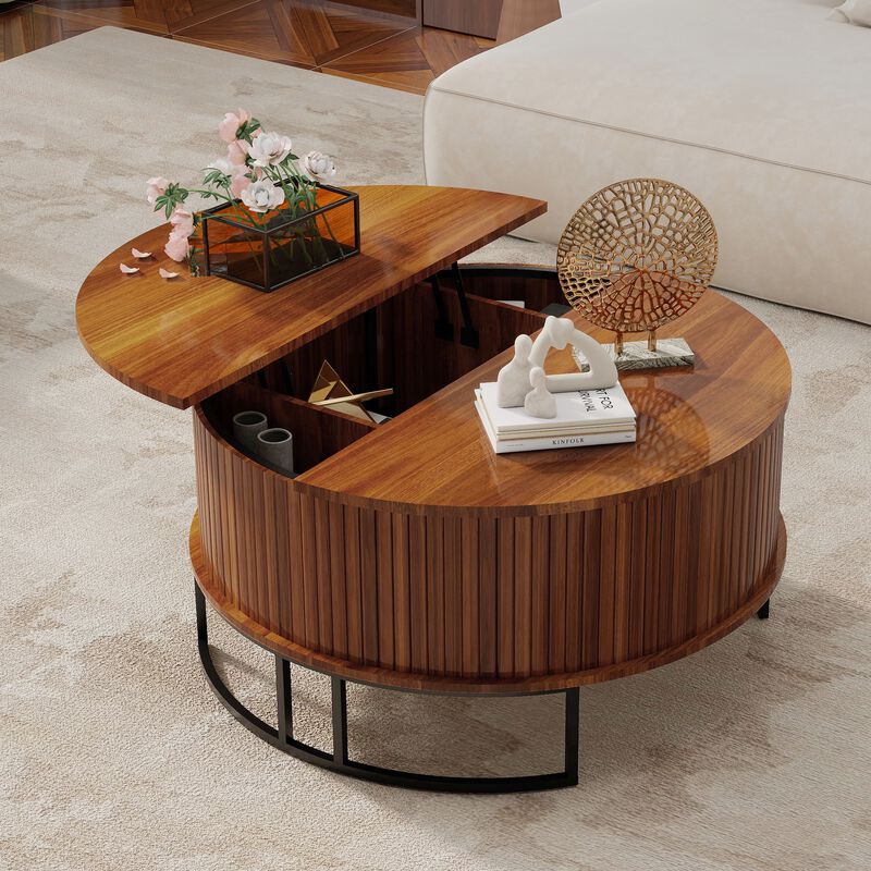 31.5" Modern Round Lift-Top Coffee Table with Hidden Storage, Walnut Wooden Living Room Table image number 1
