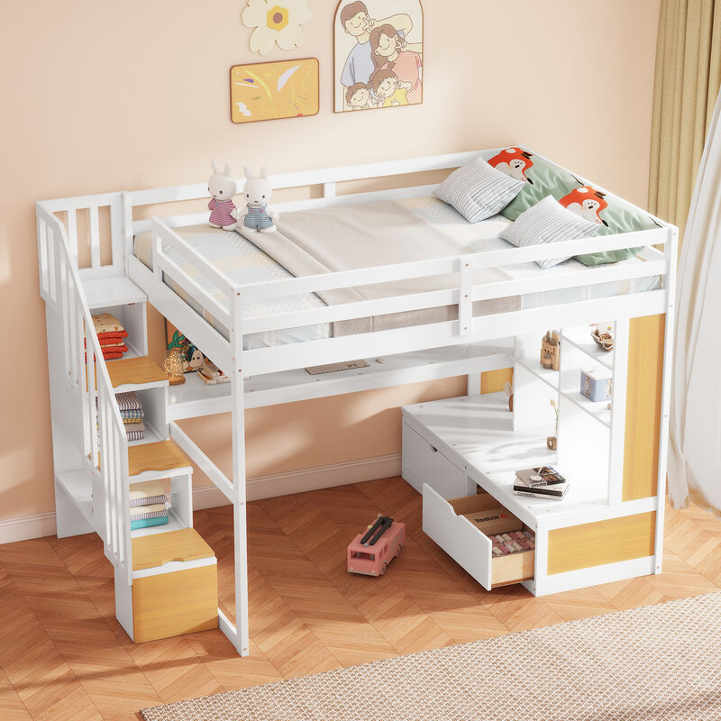 Whisen Full Size Loft Bed with Desk and Shelves, Two Built-in Drawers, Storage Staircase-Natural and White