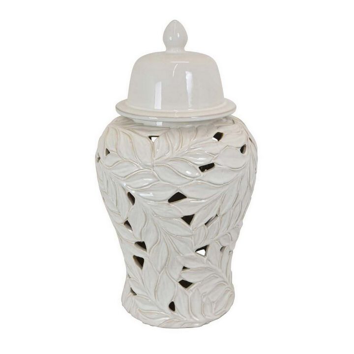 Heni 19 Inch Ceramic Temple Jar with Lid, Cut Out Leaf Motifs, White Finish - Benzara