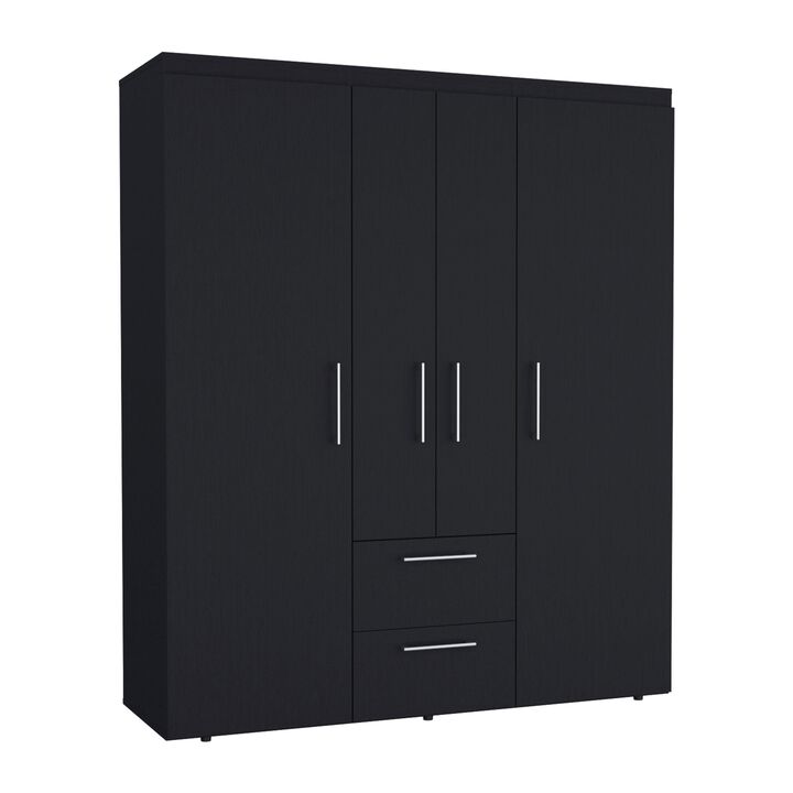 Bariloche Wardrobe, Multi-Section Storage with Hanging Rods, Shelves, and 2 Drawers-Black