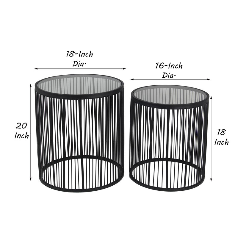 2 Piece Glass Top Accent Table with Wire Frame Design, Black