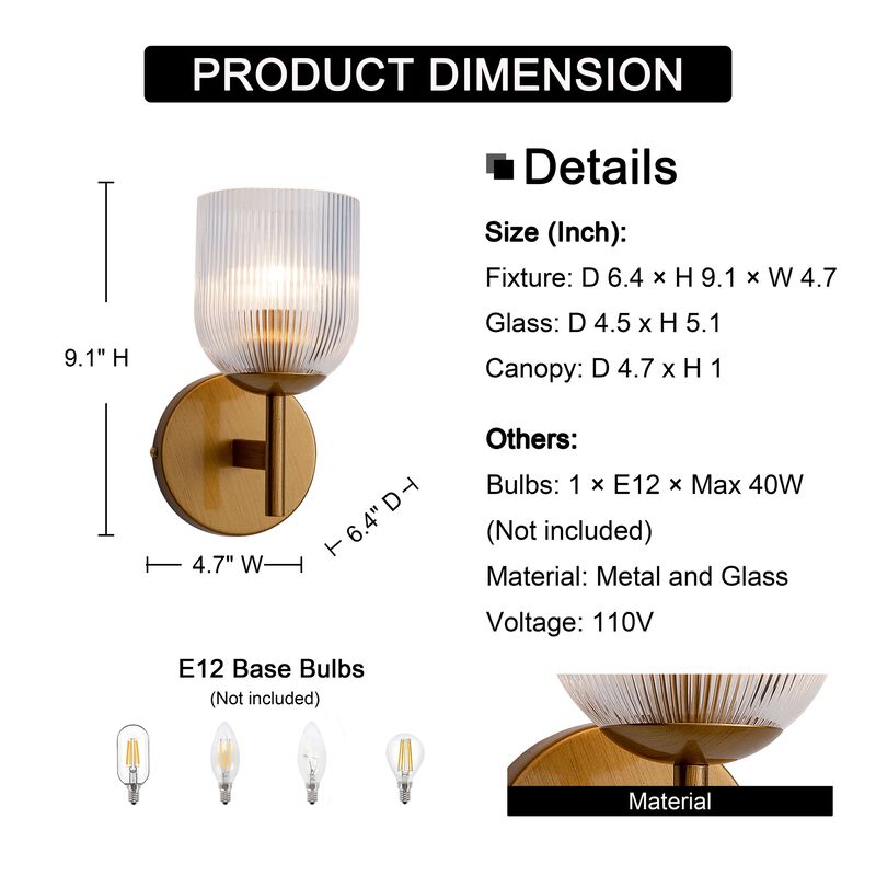 Alda 1 Light Mini Clear Ribbed Glass Shade Wall Sconce - Medium‑gloss Brushed Brass Finish image number 7