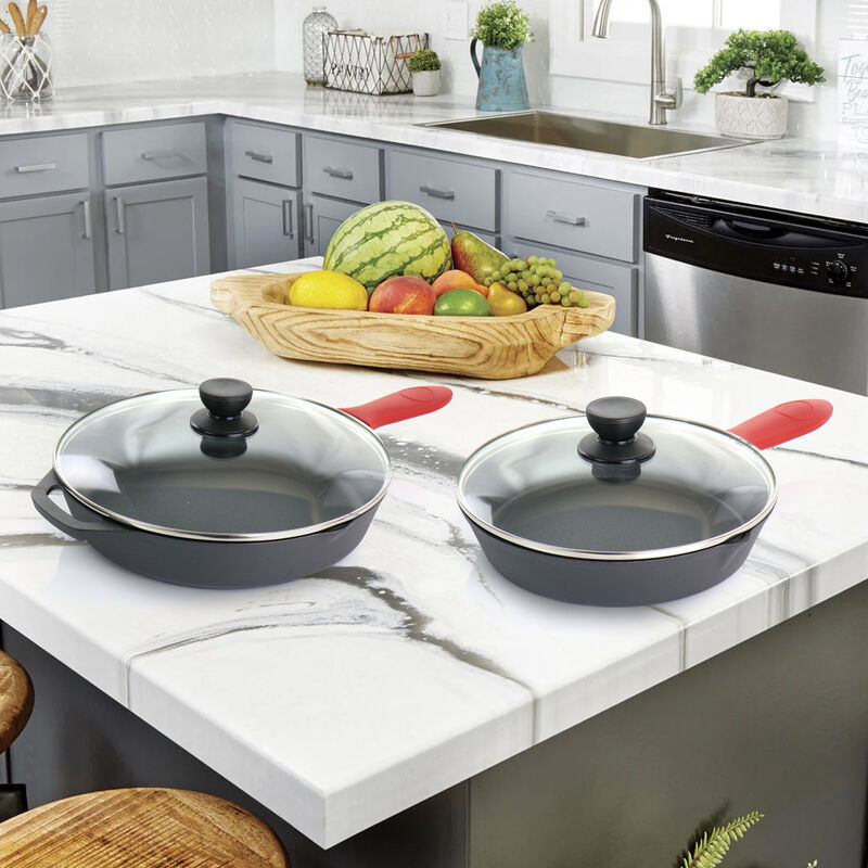 MegaChef Pre-Seasoned 6 Piece Cast Iron Skillet Set with Lids and Red Silicone Holders image number 1