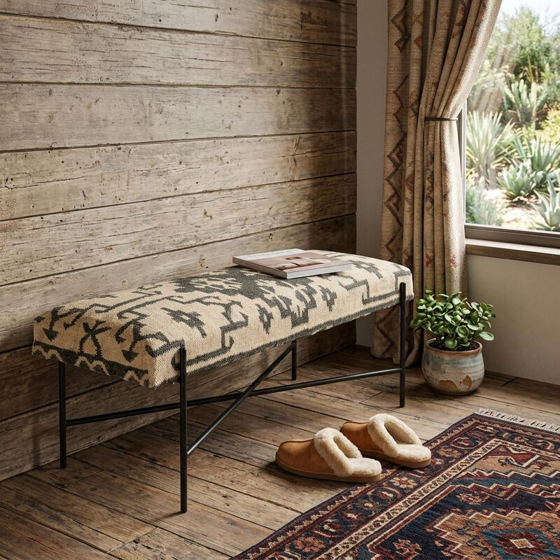 HomeRoots 48" Cream and Black Cotton Blend Upholstered Southwest Bench image number 1
