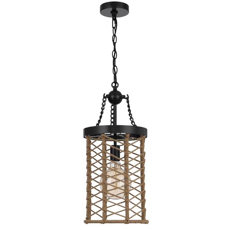 Pendant Light, Cylindric Caged Body with Braided Burlap Rope, Black Metal image number 3