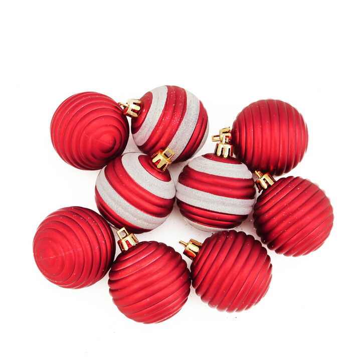 9ct Matte Red and White Striped Shatterproof Christmas Ball Ornaments 2" (50mm)