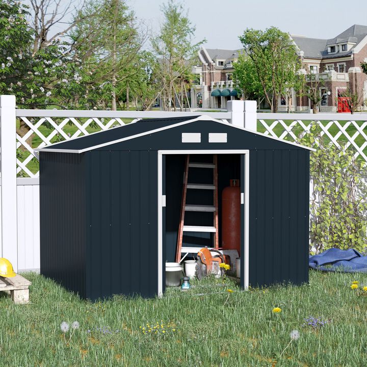 9' x 6' Metal Storage Shed Garden Tool House with Double Sliding Doors, 4 Air Vents for Backyard, Patio, Lawn Dark Grey