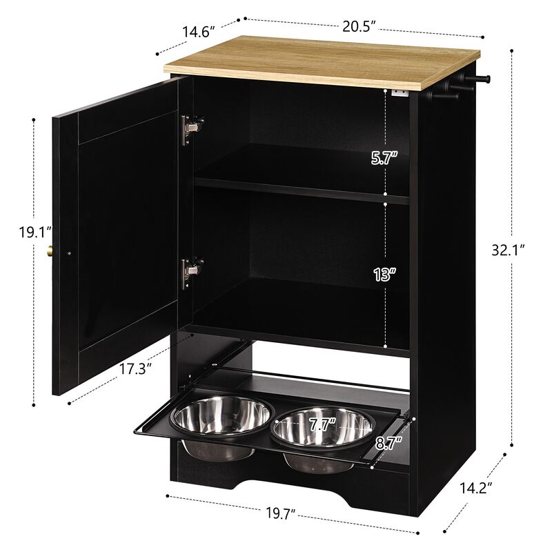 Feeding Station with 1 Storage Cabinets, Pet Feeding Station with 2 Elevated Dog Bowls, Side Hooks image number 3