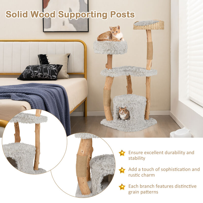 Solid Wood Cat Tree Tower – Elevated Cattail Basket Bed & Multi-Tier Activity Center